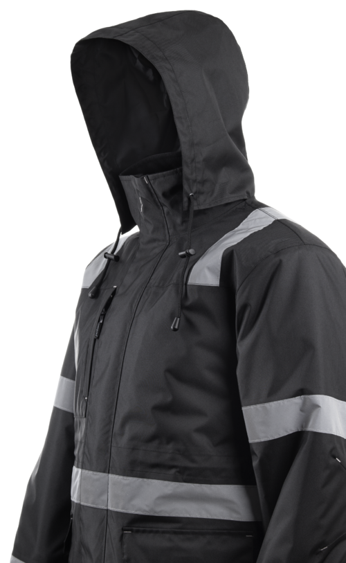 SECURITE FEKETE TÉLIKABÁT FÉNYVISSZAVERŐ CSÍKOKKAL