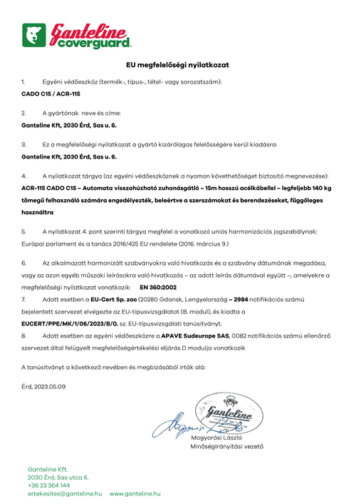 CADO-C15 VISSZAHÚZHATÓ ZUHANÁSGÁTLÓ, ACÉLKÁBEL